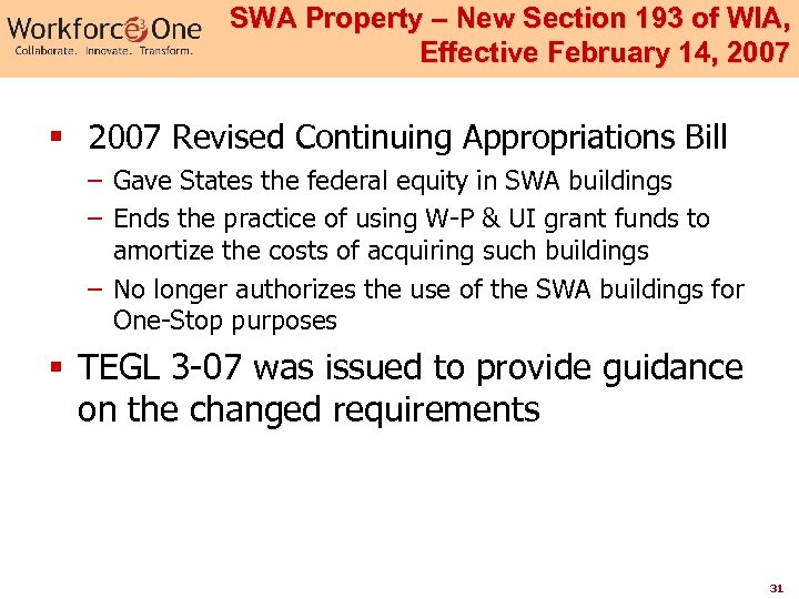 SWA Property – New Section 193 of WIA, Effective February 14, 2007 § 2007