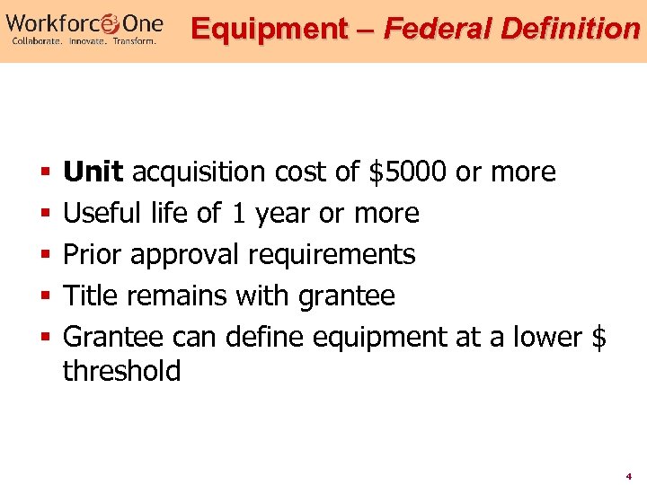 Equipment – Federal Definition § § § Unit acquisition cost of $5000 or more
