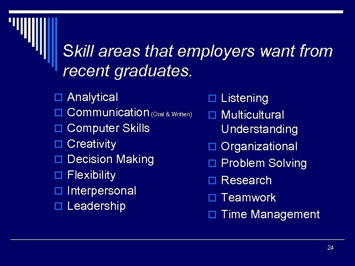 Skill areas that employers want from recent graduates. o Analytical o Listening o Communication