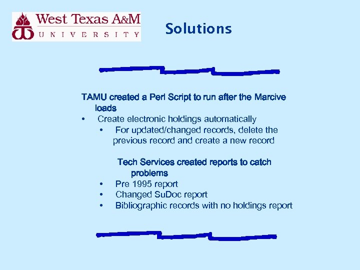 Solutions TAMU created a Perl Script to run after the Marcive loads • Create