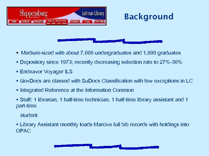 Background § Medium-sized with about 7, 000 undergraduates and 1, 000 graduates § Depository