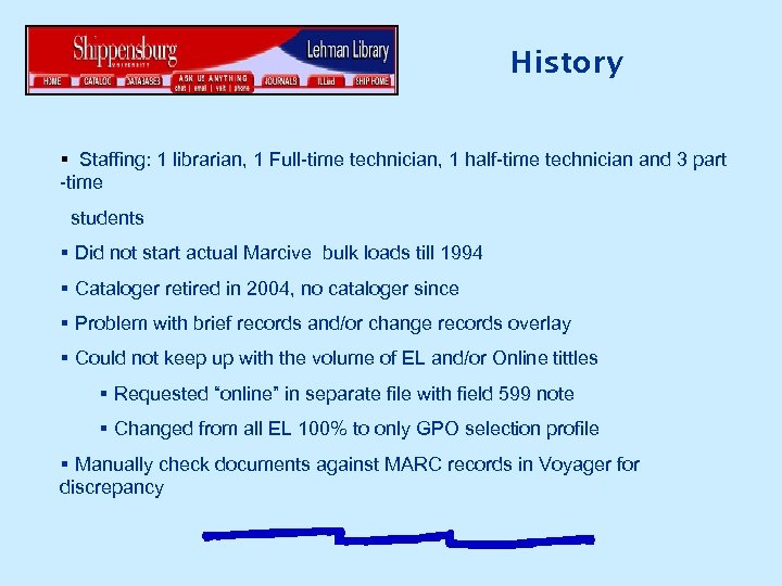 History § Staffing: 1 librarian, 1 Full-time technician, 1 half-time technician and 3 part