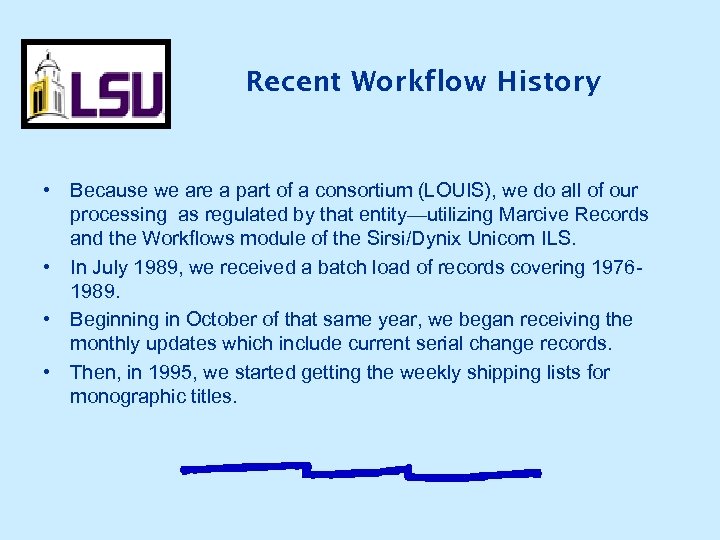 Recent Workflow History • Because we are a part of a consortium (LOUIS), we