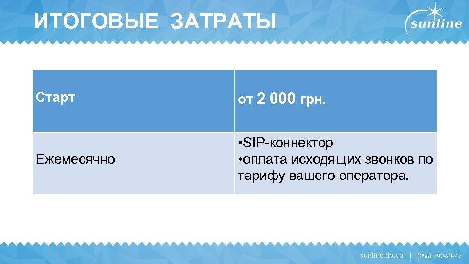 ИТОГОВЫЕ ЗАТРАТЫ Старт от 2 000 грн. Ежемесячно • SIP-коннектор • оплата исходящих звонков