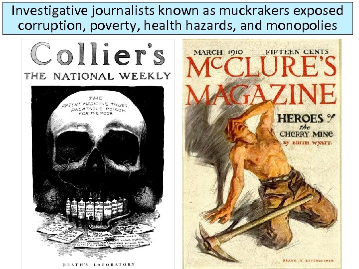 Investigative journalists known as muckrakers exposed corruption, poverty, health hazards, and monopolies 