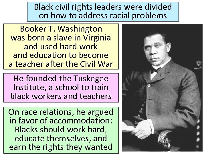 Black civil rights leaders were divided on how to address racial problems Booker T.