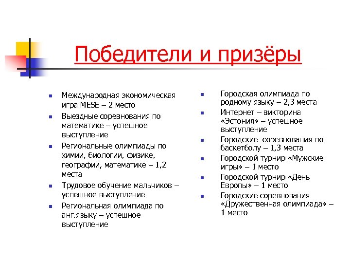 Победители и призёры n n n Международная экономическая игра MESE – 2 место Выездные