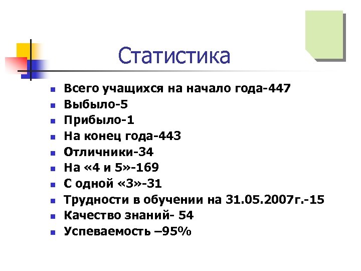 Статистика n n n n n Всего учащихся на начало года-447 Выбыло-5 Прибыло-1 На