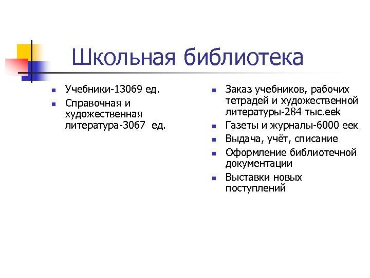 Школьная библиотека n n Учебники-13069 ед. Справочная и художественная литература-3067 ед. n n n