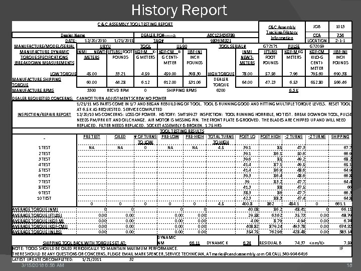 History Report C & C ASSEMBLY TOOL TESTING REPORT C&C Assembly Tracking/History Information Dealer