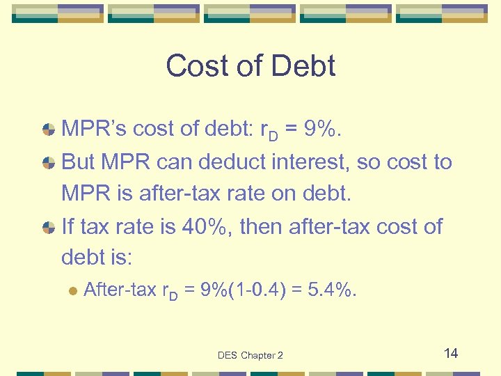 Cost of Debt MPR’s cost of debt: r. D = 9%. But MPR can