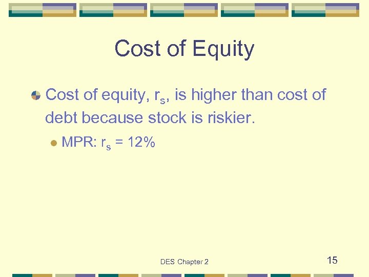 Cost of Equity Cost of equity, rs, is higher than cost of debt because