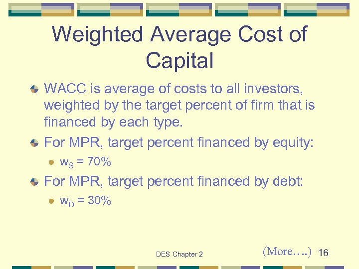 Weighted Average Cost of Capital WACC is average of costs to all investors, weighted