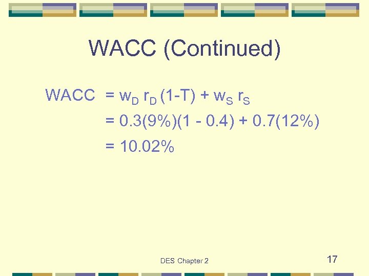 WACC (Continued) WACC = w. D r. D (1 -T) + w. S r.