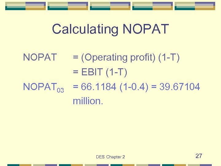 Calculating NOPAT = (Operating profit) (1 -T) = EBIT (1 -T) NOPAT 03 =