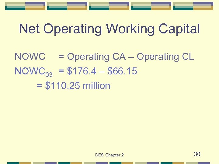 Net Operating Working Capital NOWC = Operating CA – Operating CL NOWC 03 =