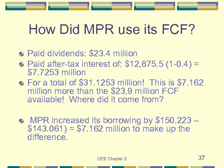 How Did MPR use its FCF? Paid dividends: $23. 4 million Paid after-tax interest