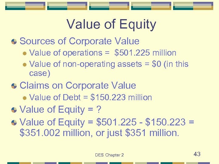 Value of Equity Sources of Corporate Value of operations = $501. 225 million l