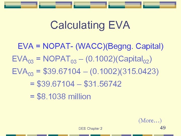 Calculating EVA = NOPAT- (WACC)(Begng. Capital) EVA 03 = NOPAT 03 – (0. 1002)(Capital