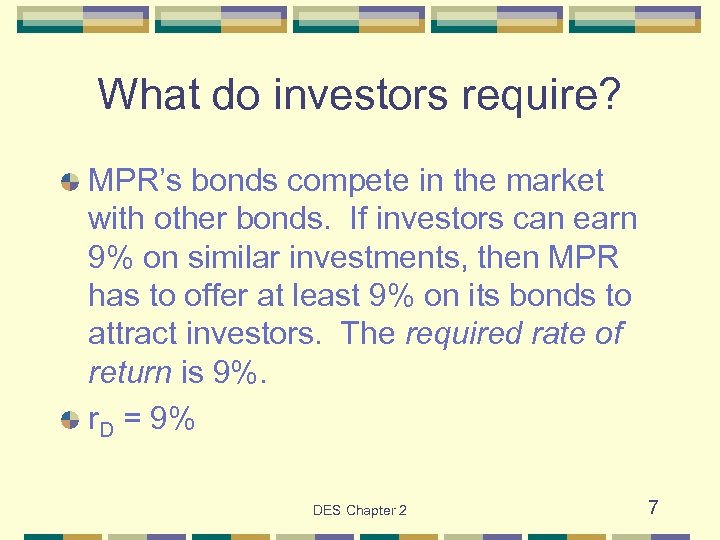 What do investors require? MPR’s bonds compete in the market with other bonds. If