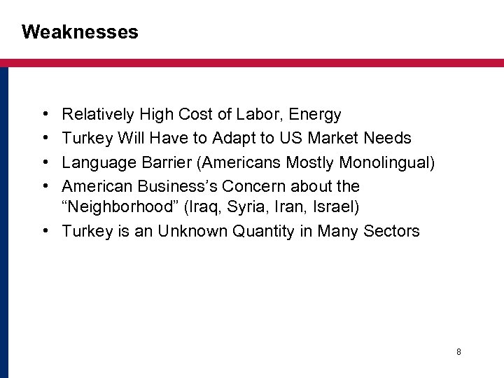 Weaknesses • • Relatively High Cost of Labor, Energy Turkey Will Have to Adapt