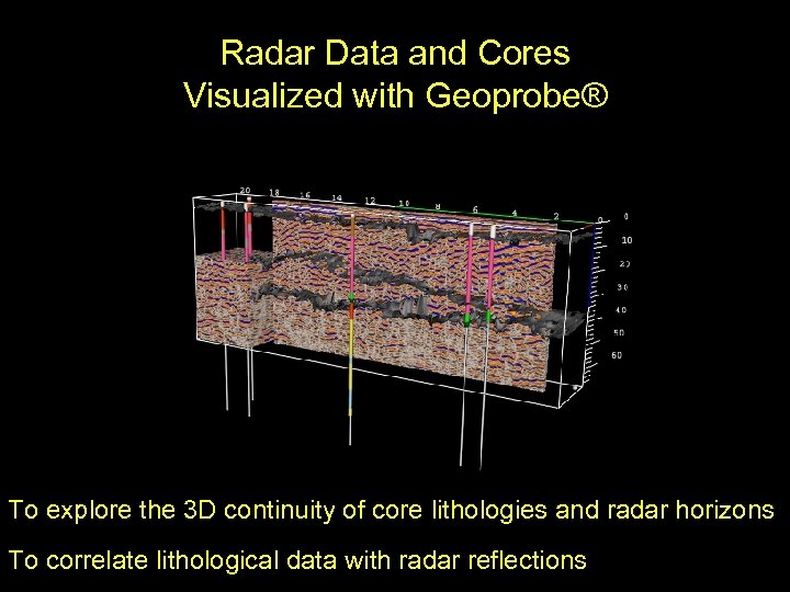 Radar Data and Cores Visualized with Geoprobe® To explore the 3 D continuity of