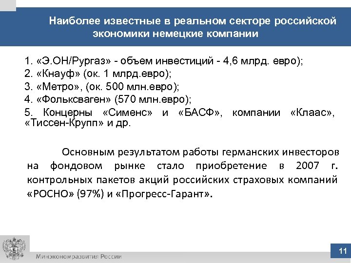 Наиболее известные в реальном секторе российской экономики немецкие компании 1. «Э. ОН/Рургаз» - объем