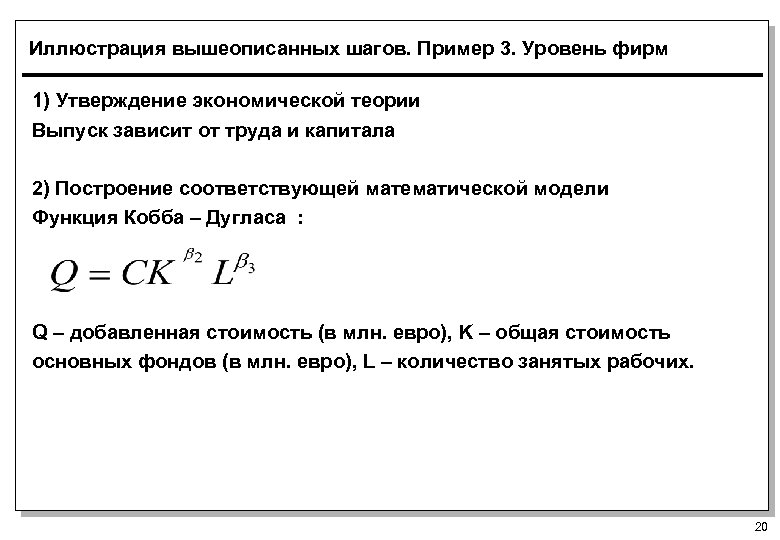 Иллюстрация вышеописанных шагов. Пример 3. Уровень фирм 1) Утверждение экономической теории Выпуск зависит от
