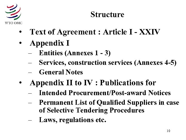 Structure • Text of Agreement : Article I - XXIV • Appendix I –