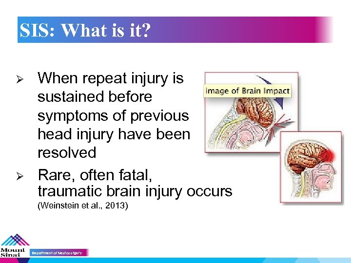 SIS: What is it? Ø Ø When repeat injury is sustained before symptoms of