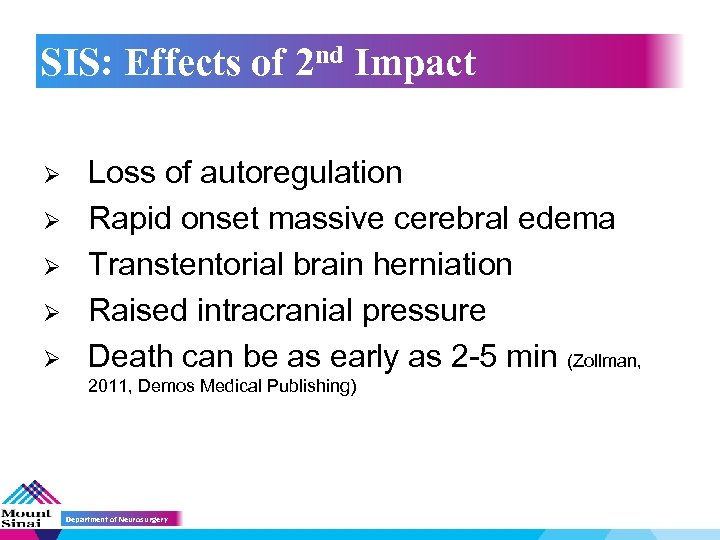 SIS: Effects of 2 nd Impact Ø Ø Ø Loss of autoregulation Rapid onset