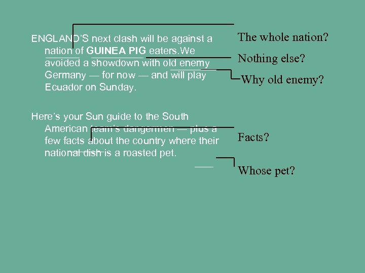ENGLAND’S next clash will be against a nation of GUINEA PIG eaters. We avoided