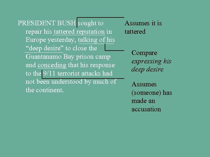 PRESIDENT BUSH sought to repair his tattered reputation in Europe yesterday, talking of his