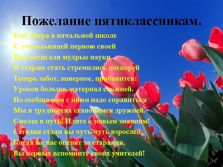 Пожелание пятиклассникам. Ещё вчера в начальной школе С учительницей первою своей Вы постигали мудрые