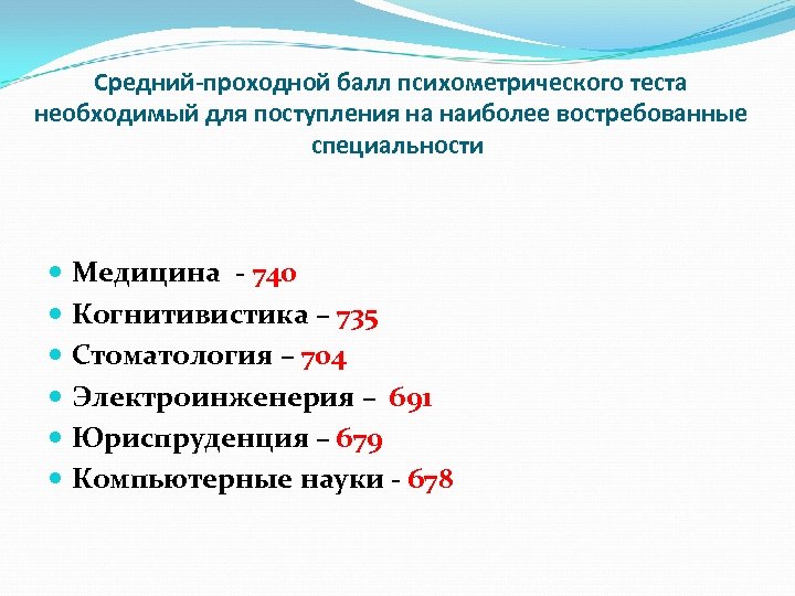 Средний-проходной балл психометрического теста необходимый для поступления на наиболее востребованные специальности Медицина - 740
