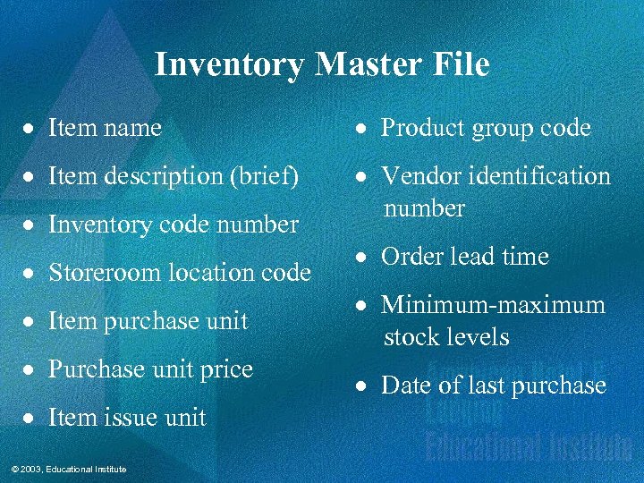 Inventory Master File · Item name · Product group code · Item description (brief)