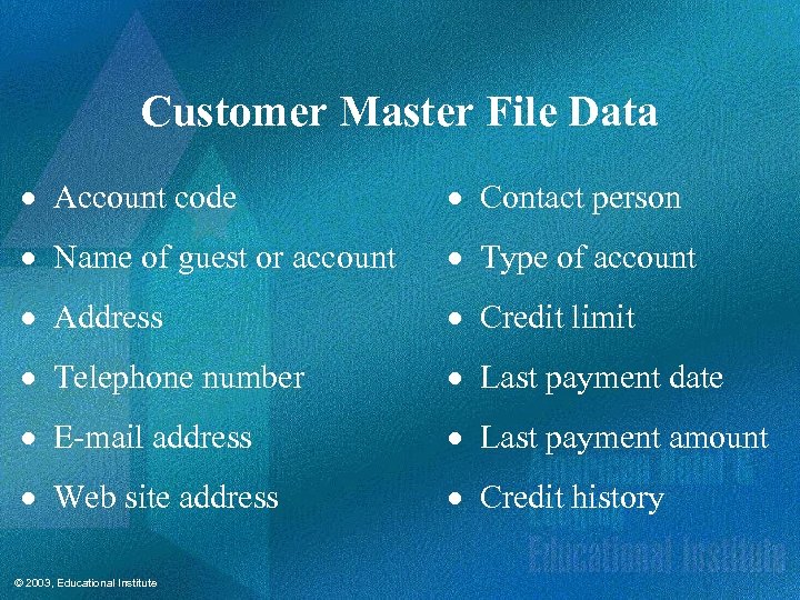 Customer Master File Data · Account code · Contact person · Name of guest