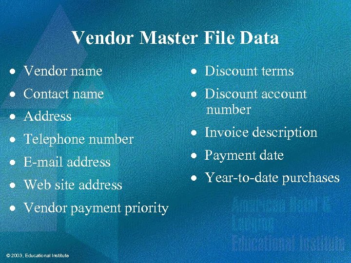 Vendor Master File Data · Vendor name · Discount terms · Contact name ·