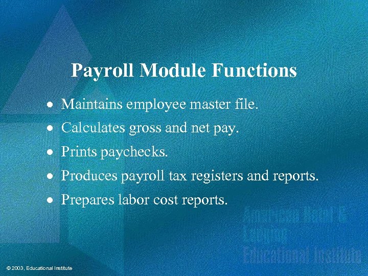 Payroll Module Functions · Maintains employee master file. · Calculates gross and net pay.