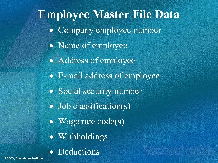 Employee Master File Data · Company employee number · Name of employee · Address