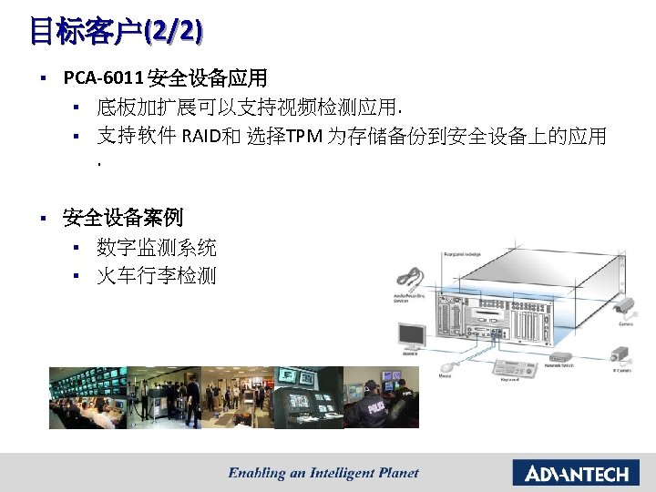目标客户(2/2) § PCA-6011 安全设备应用 § 底板加扩展可以支持视频检测应用. § 支持软件 RAID和 选择TPM 为存储备份到安全设备上的应用. § 安全设备案例 §