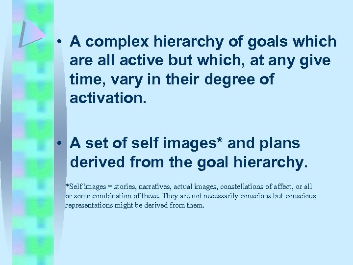  • A complex hierarchy of goals which are all active but which, at