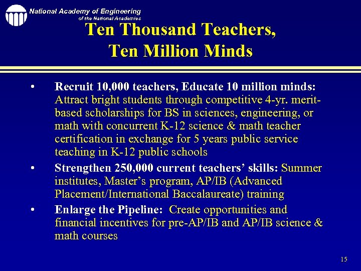 National Academy of Engineering of the National Academies Ten Thousand Teachers, Ten Million Minds