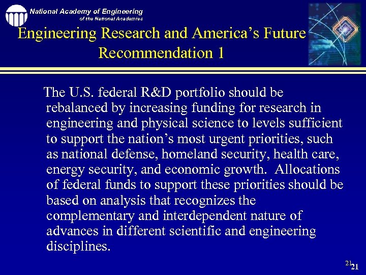 National Academy of Engineering of the National Academies Engineering Research and America’s Future Recommendation