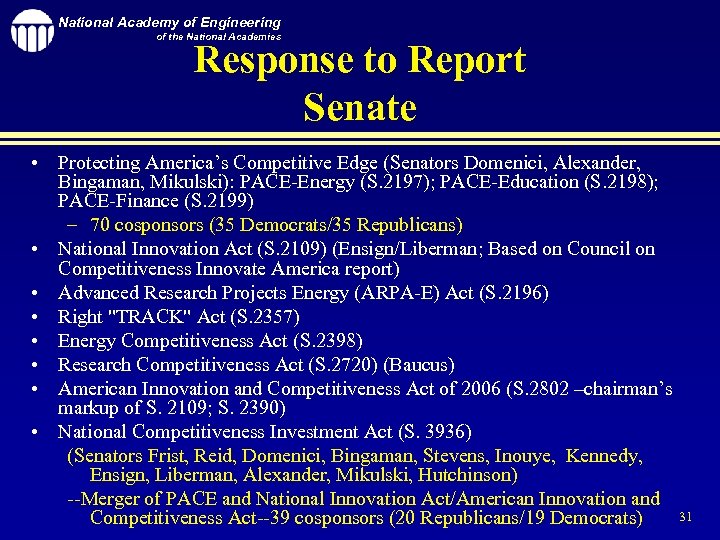 National Academy of Engineering of the National Academies Response to Report Senate • Protecting
