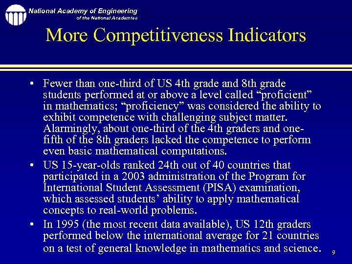 National Academy of Engineering of the National Academies More Competitiveness Indicators • Fewer than