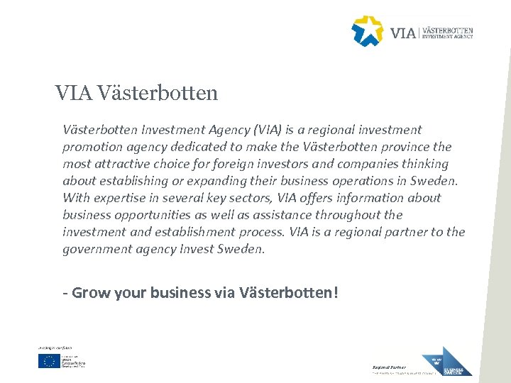 VIA Västerbotten Investment Agency (VIA) is a regional investment promotion agency dedicated to make