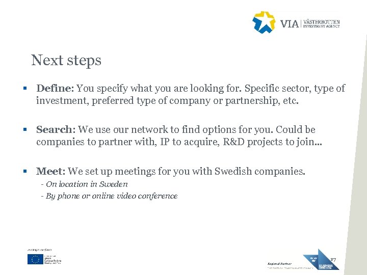 Next steps § Define: You specify what you are looking for. Specific sector, type