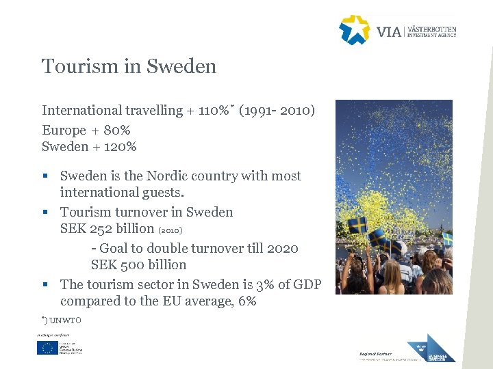 Tourism in Sweden International travelling + 110%* (1991 - 2010) Europe + 80% Sweden