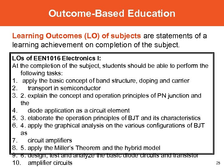 Outcome-Based Education Learning Outcomes (LO) of subjects are statements of a learning achievement on